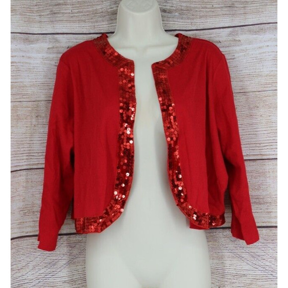 Denim 24/7 Womens Plus Size 1X Ribbed 3/4 Sleeve Cardigan Sweater Red Sequins - Picture 1 of 6